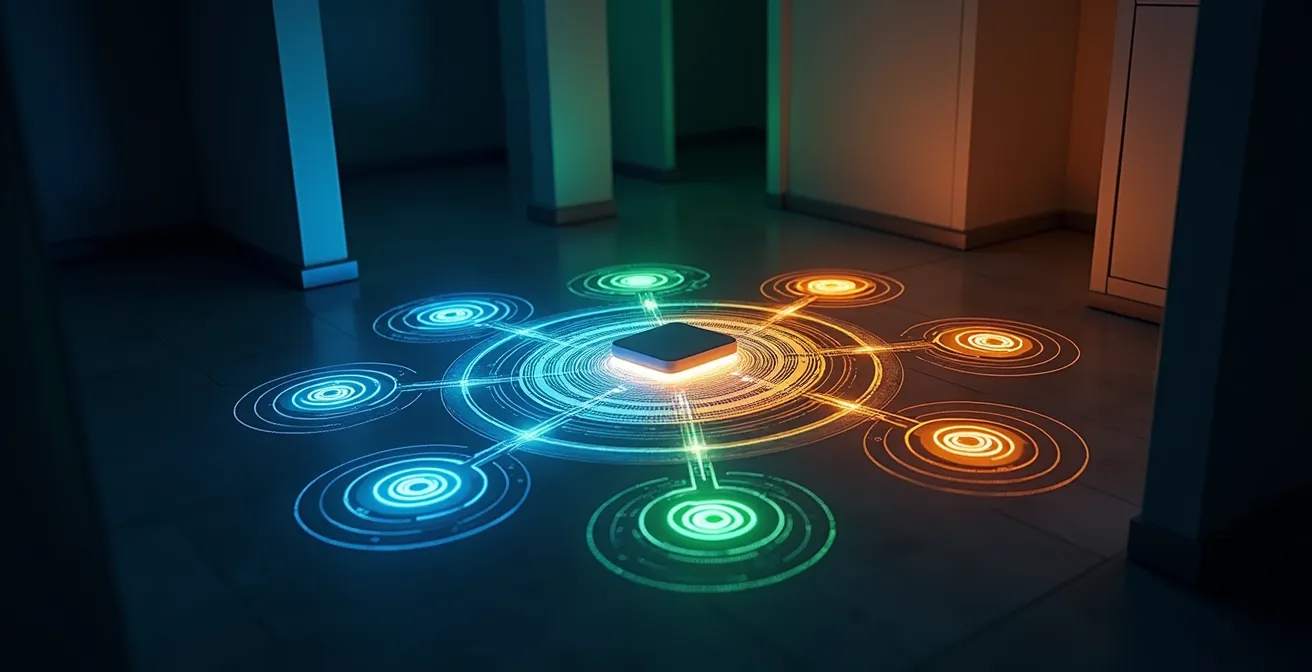 Abstrakte Visualisierung verschiedener Smart Home Funkprotokolle im Wohnraum