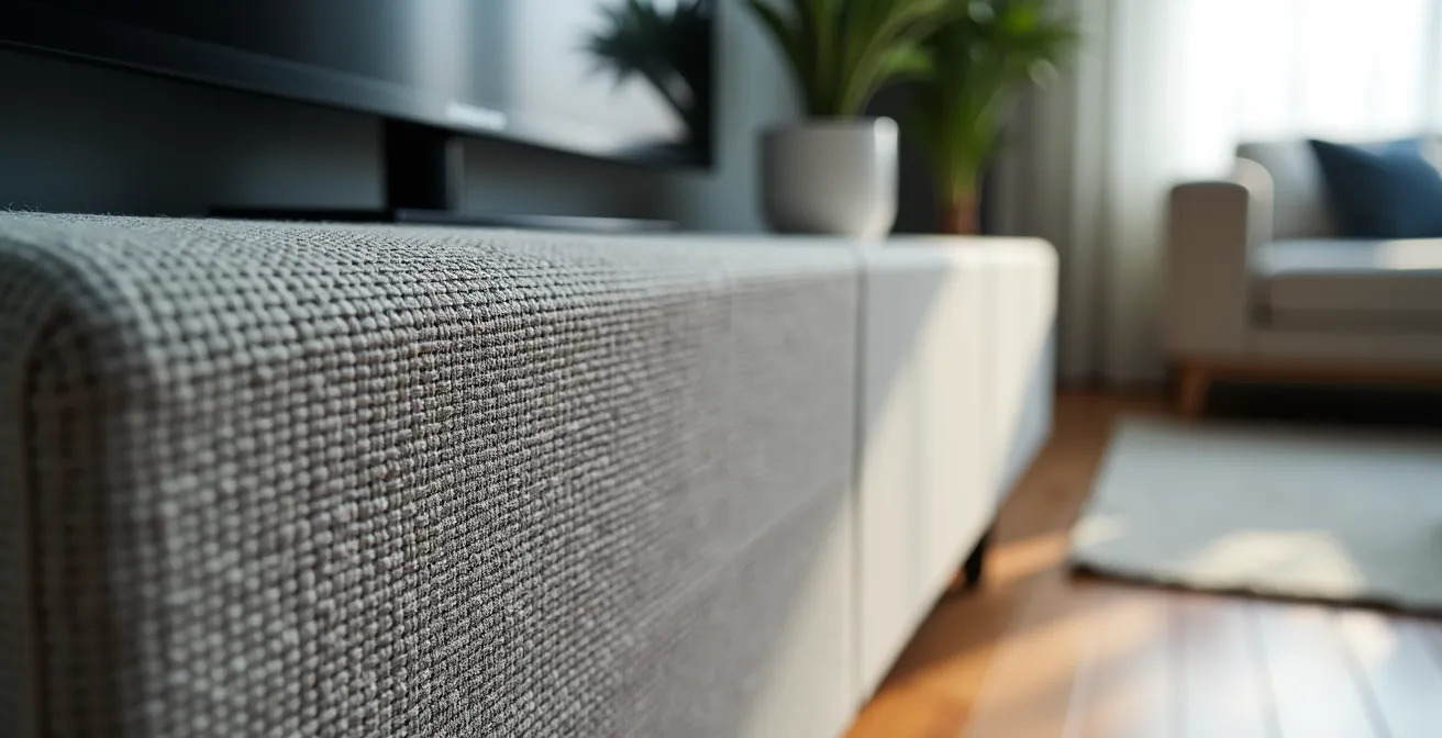 Soundbar unsichtbar hinter Akustikstoff in TV-Möbel integriert
