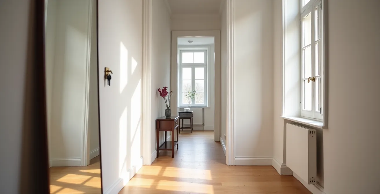 Strategisch platzierte Spiegel in einem schmalen deutschen Altbauflur, die den Raum optisch vergrößern.