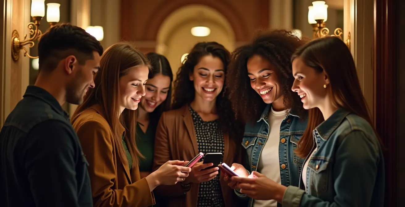 Junge Theaterbesucher an der Abendkasse kurz vor Vorstellungsbeginn