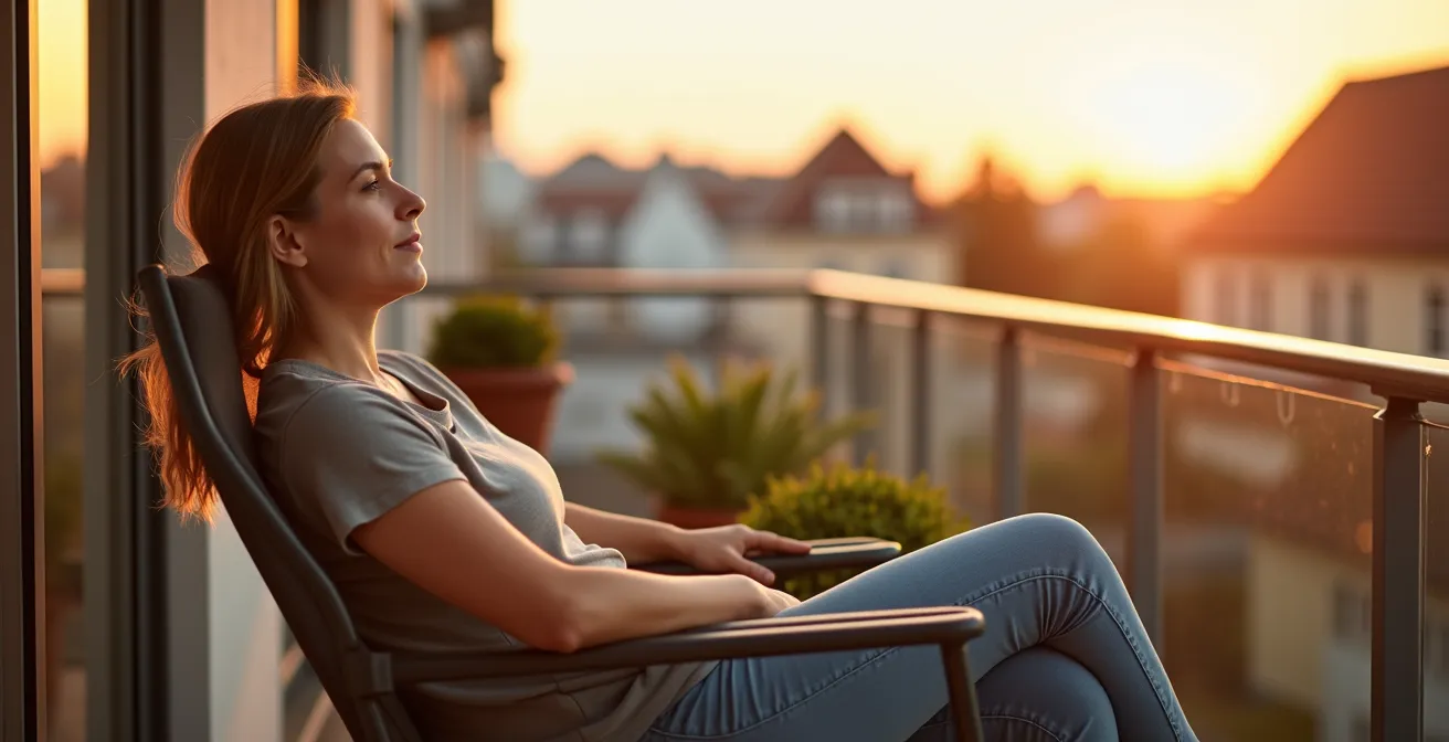 Hochwertiger stabiler Balkonstuhl mit GS-Prüfzeichen auf einem typisch deutschen Stadtbalkon, in dem eine Person entspannt sitzt.