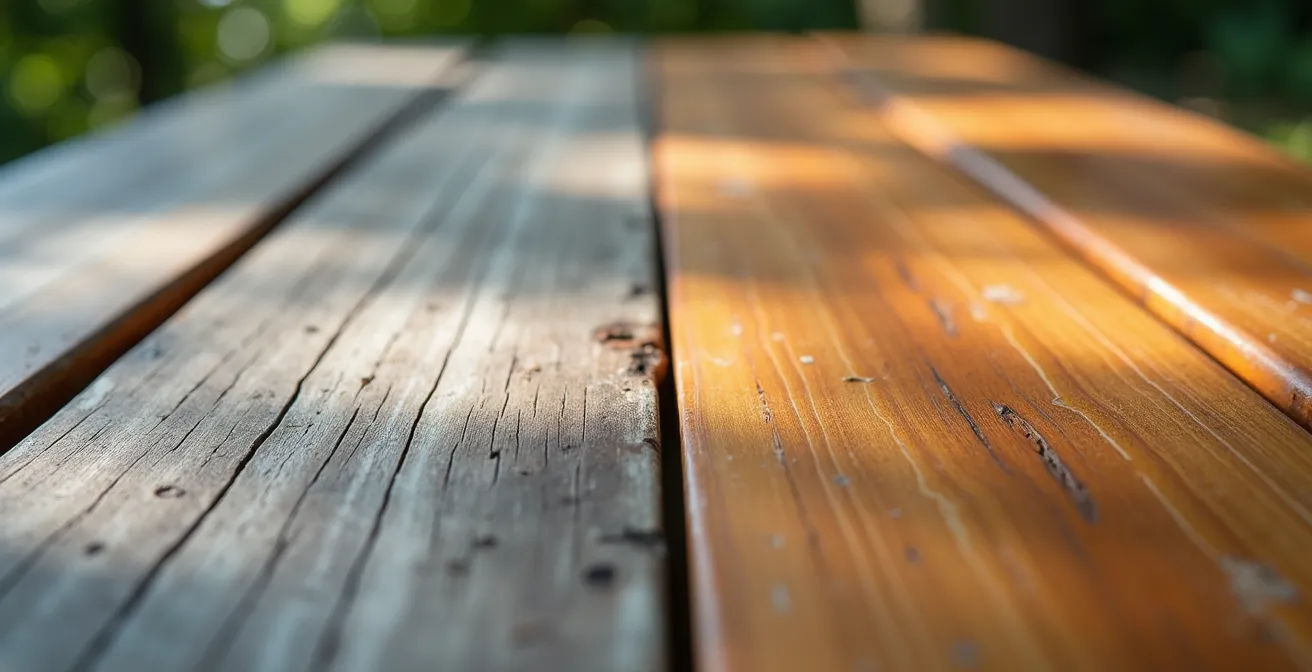 Teakholz Gartentisch zeigt Übergang von grauer Patina zu honigbraunem Farbton nach der Behandlung mit Entgrauer.