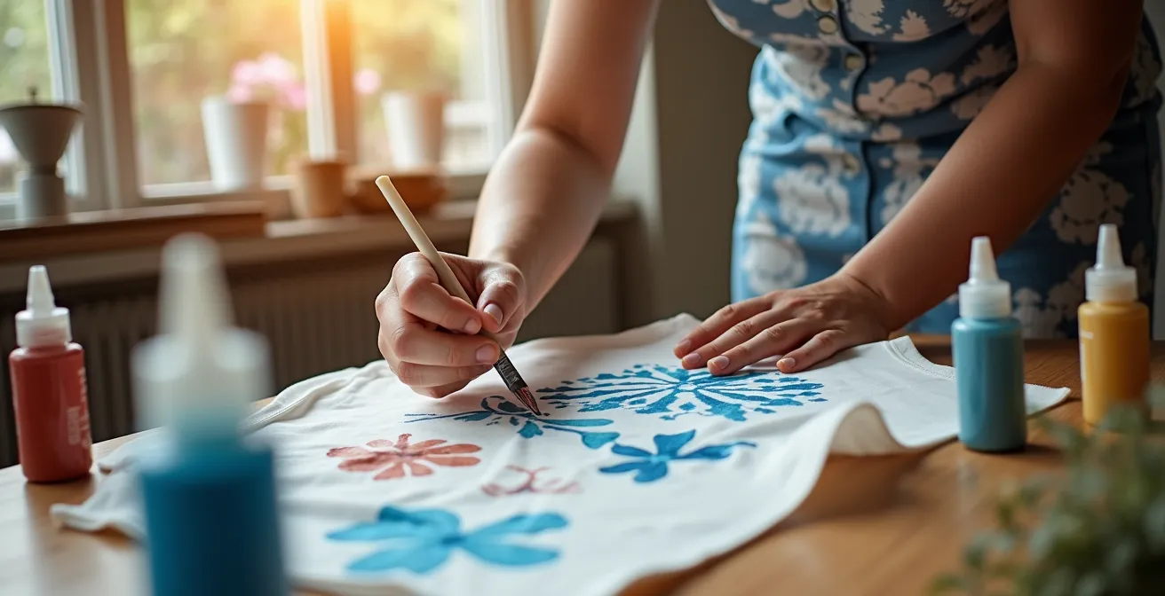 Kreativer Arbeitsplatz mit Batik-Färbung und Textilmalerei auf T-Shirt