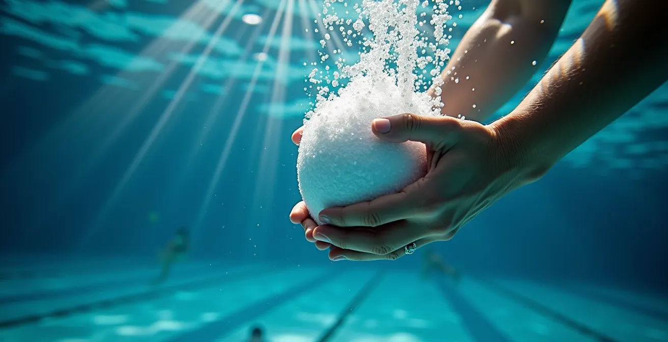 Unterwasserrugby-Spieler in Aktion unter Wasser mit Ball und Tauchausrüstung