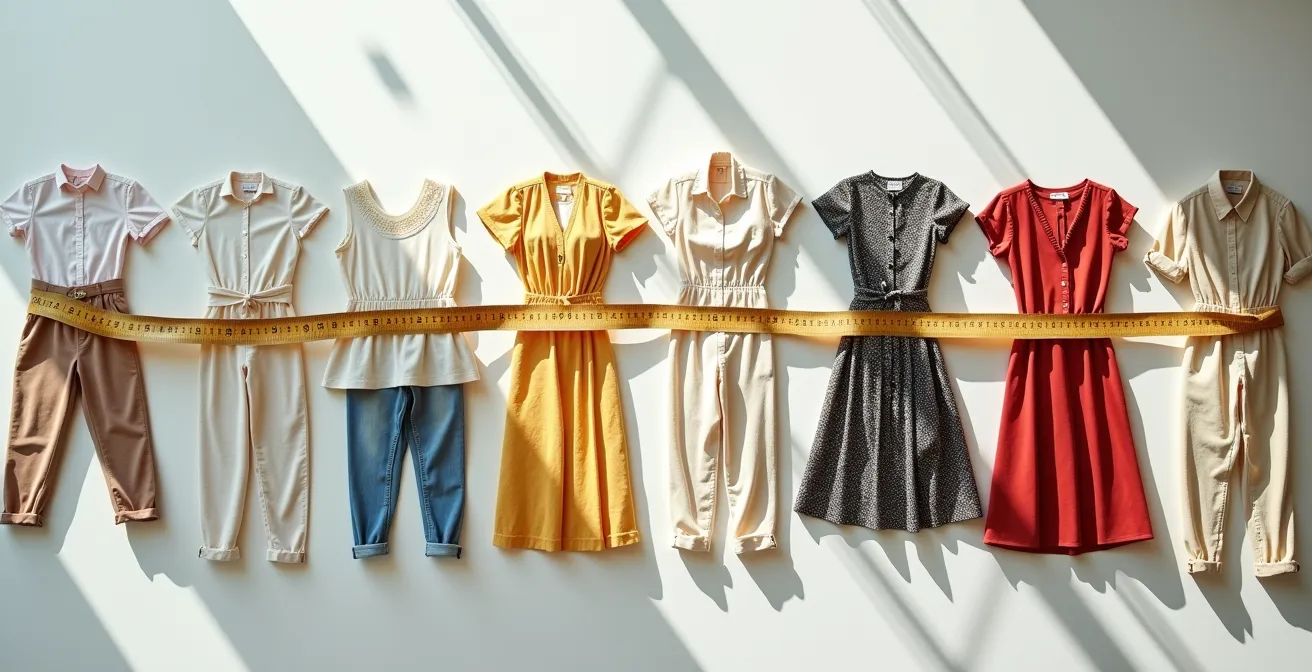 Vintage-Kleidungsstücke mit Maßband auf hellem Hintergrund arrangiert