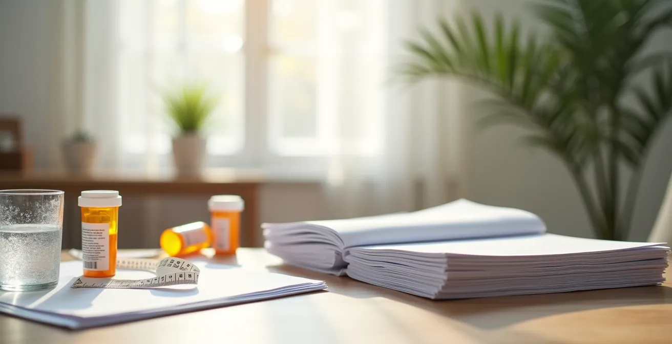 Gut organisierter häuslicher Arbeitsplatz für Videosprechstunde mit medizinischen Unterlagen