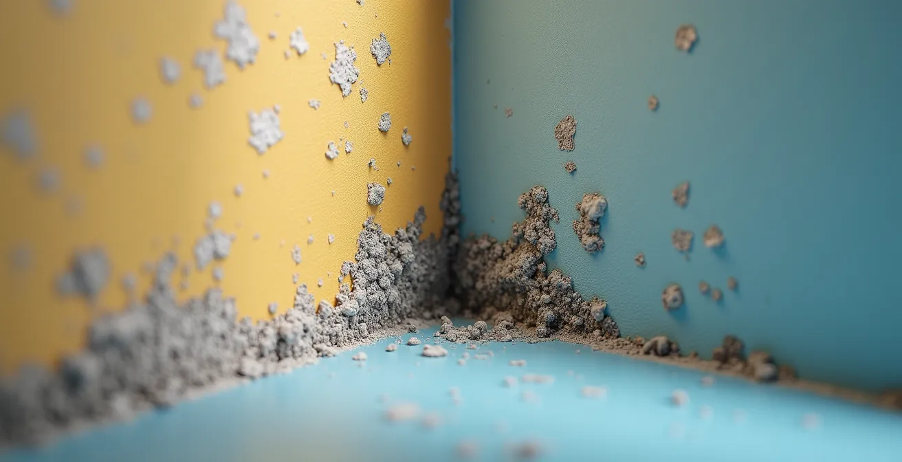 Thermografie-Aufnahme einer Raumecke mit sichtbaren Kältebrücken und Kondensationszonen, die als blaue und grüne Bereiche dargestellt werden.