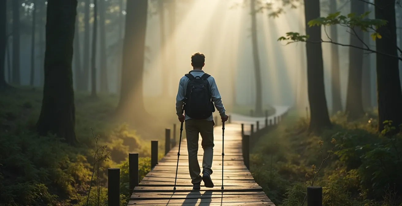 Wanderer auf markiertem Weg im deutschen Nationalpark bei Sonnenaufgang