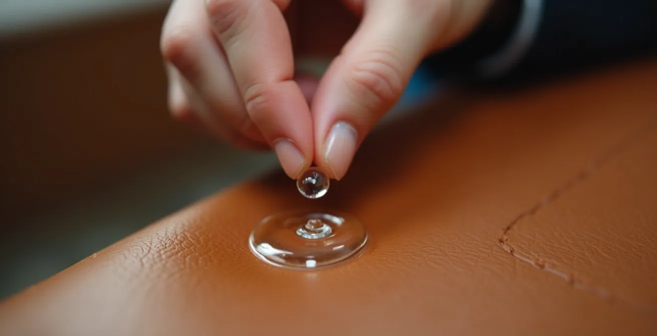 Wassertropfentest auf Lederoberfläche zur Bestimmung des Ledertyps