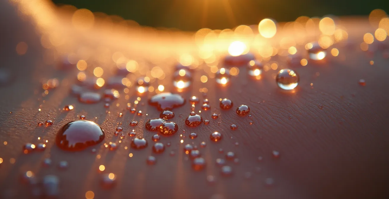 Makroaufnahme von Schweißperlen auf der Haut nach intensivem Training