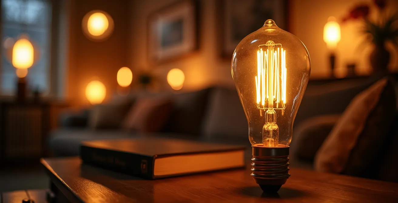 Deutsches Wohnzimmer mit mehreren warmen Lichtinseln für gemütlichen Abend