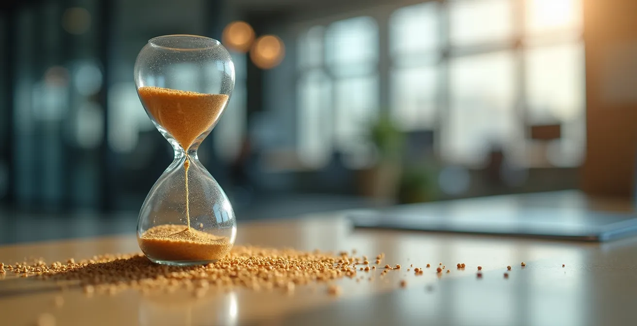 Nahaufnahme einer Sanduhr, die den Zeitgewinn durch fokussiertes Arbeiten symbolisiert, mit einem aufgeräumten, modernen Arbeitsplatz im unscharfen Hintergrund.