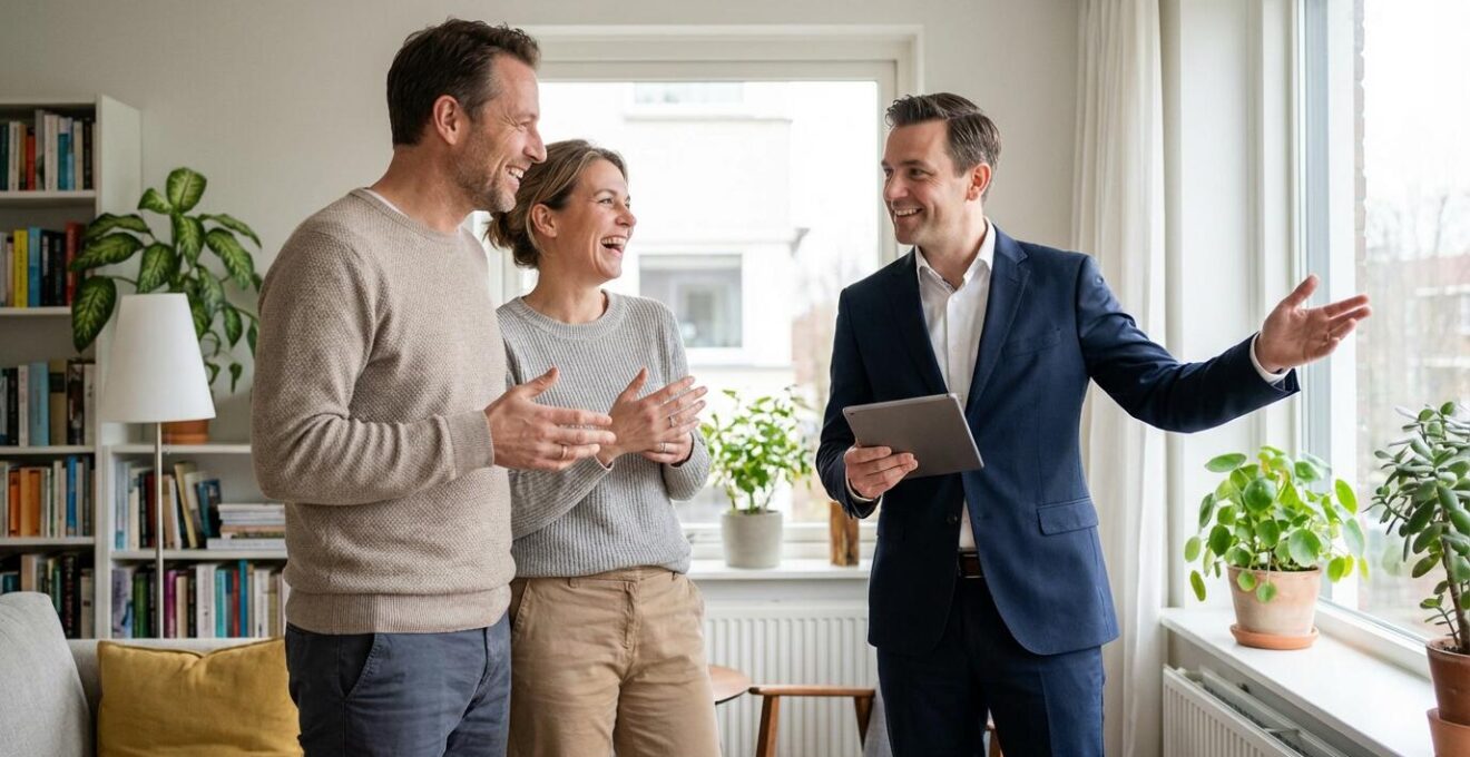 Erstgespräch zwischen Verkäuferpaar und Immobilienmakler im Wohnzimmer