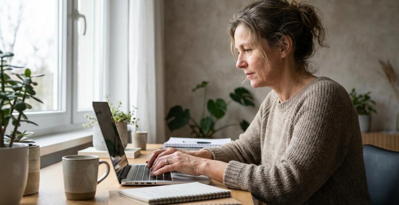 Frau recherchiert Immobilienmakler am Laptop in hellem Homeoffice