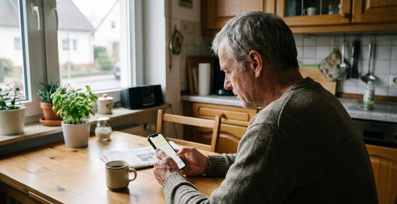 Mann prüft skeptisch Immobilienmakler-Bewertungen auf dem Smartphone