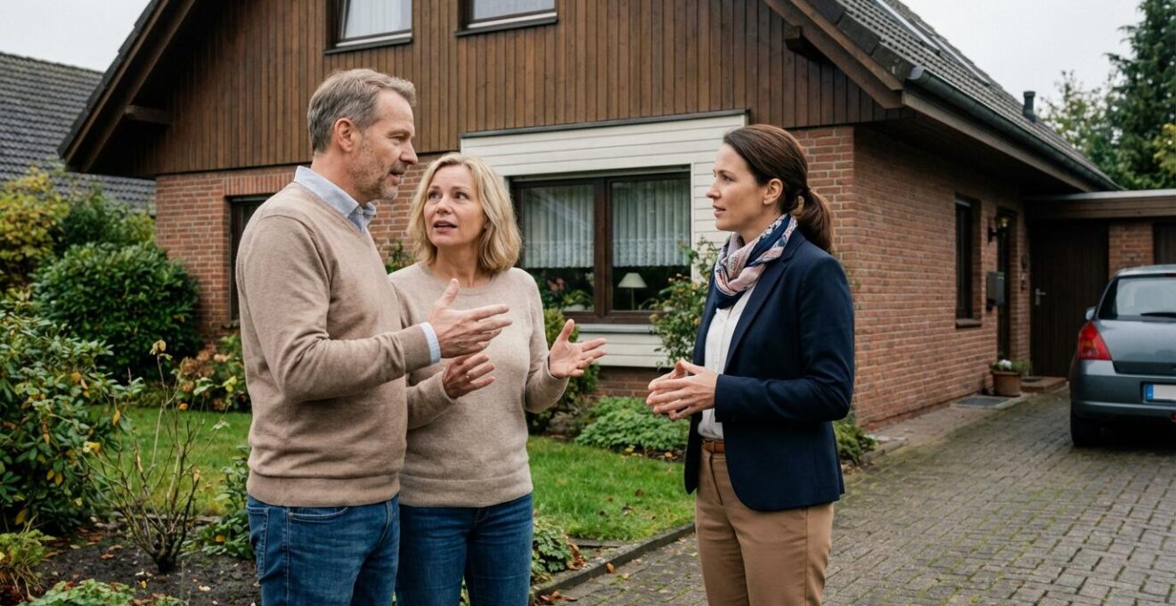 Verkäuferpaar bespricht Immobilienverkauf mit Maklerin vor deutschem Einfamilienhaus