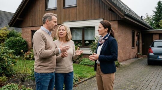 Verkäuferpaar bespricht Immobilienverkauf mit Maklerin vor deutschem Einfamilienhaus