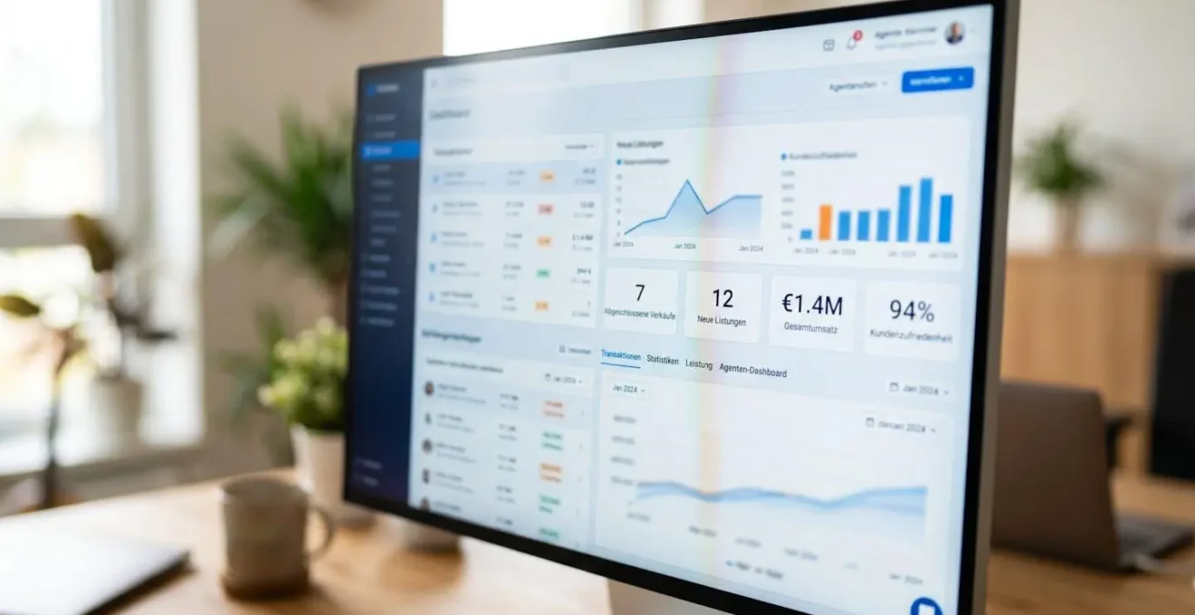 Nahaufnahme eines Computerbildschirms mit einer Dashboard-Anzeige von Immobilientransaktionsstatistiken und Leistungskennzahlen