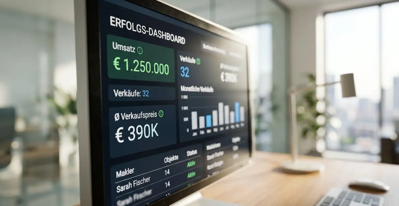 Nahaufnahme eines Computerbildschirms mit einer Dashboard-Anzeige von Immobilientransaktionsstatistiken und Leistungskennzahlen