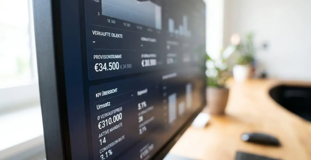 Nahaufnahme eines Computerbildschirms mit einer Dashboard-Anzeige von Immobilientransaktionsstatistiken und Leistungskennzahlen