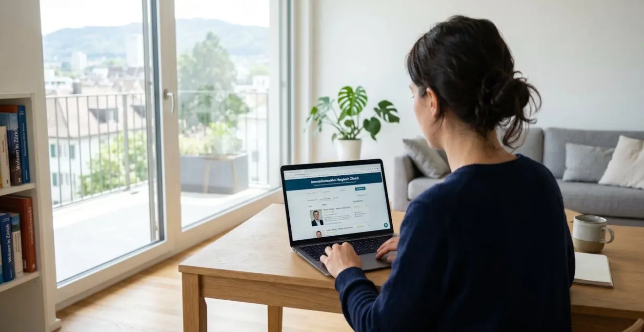 Eine Person von hinten gesehen, die auf einem Laptop eine Immobilienmakler-Vergleichsplattform durchsucht, in einer modernen Zürcher Wohnung