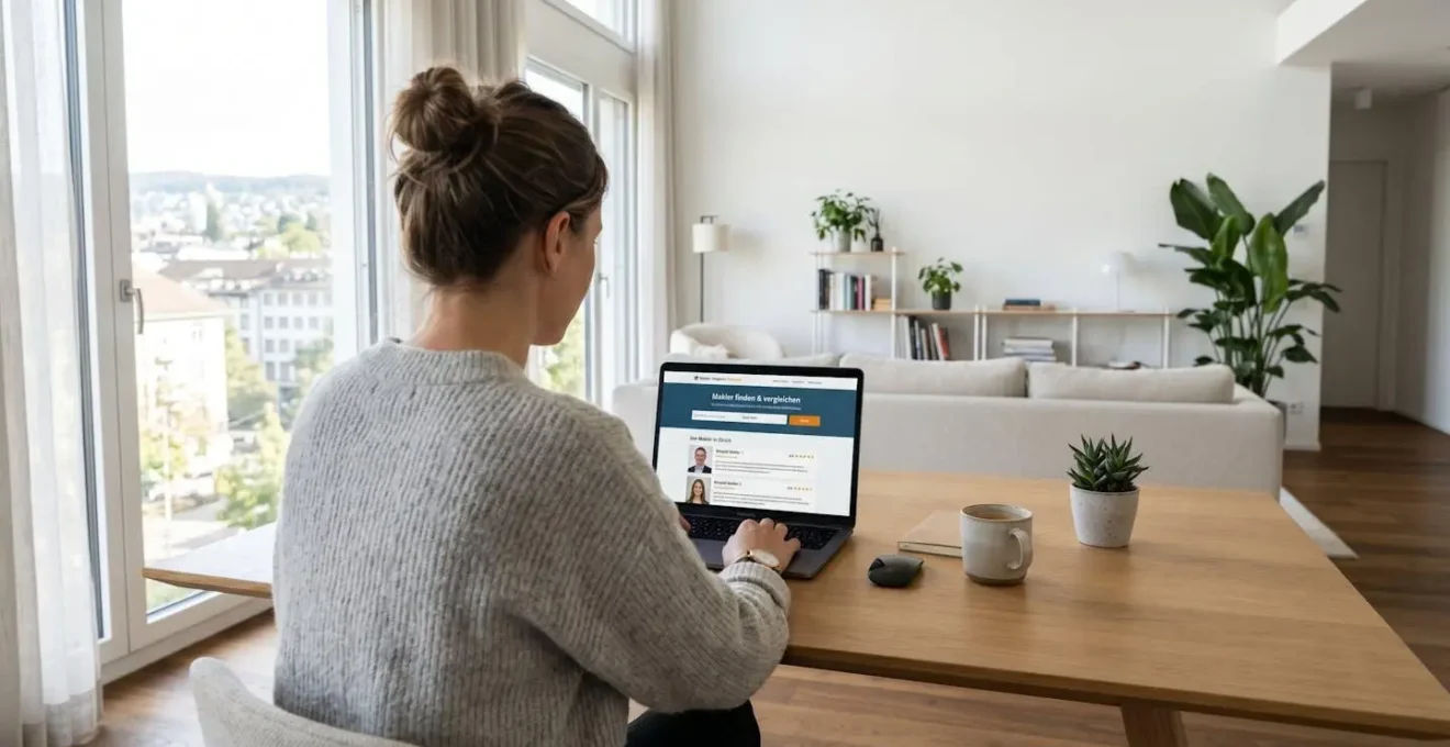 Eine Person von hinten gesehen, die auf einem Laptop eine Immobilienmakler-Vergleichsplattform durchsucht, in einer modernen Zürcher Wohnung