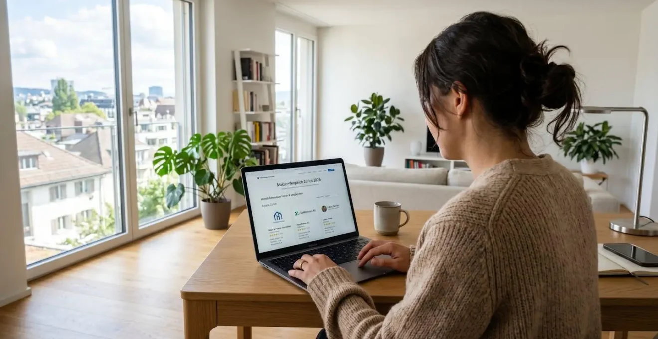 Eine Person von hinten gesehen, die auf einem Laptop eine Immobilienmakler-Vergleichsplattform durchsucht, in einer modernen Zürcher Wohnung