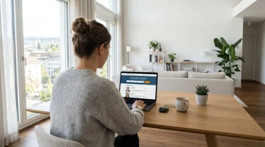 Eine Person von hinten gesehen, die auf einem Laptop eine Immobilienmakler-Vergleichsplattform durchsucht, in einer modernen Zürcher Wohnung