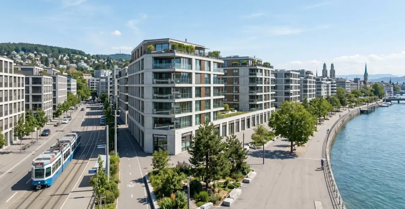Weitwinkelaufnahme der modernen Zürcher Stadtlandschaft mit Wohngebäuden bei hellem Tageslicht