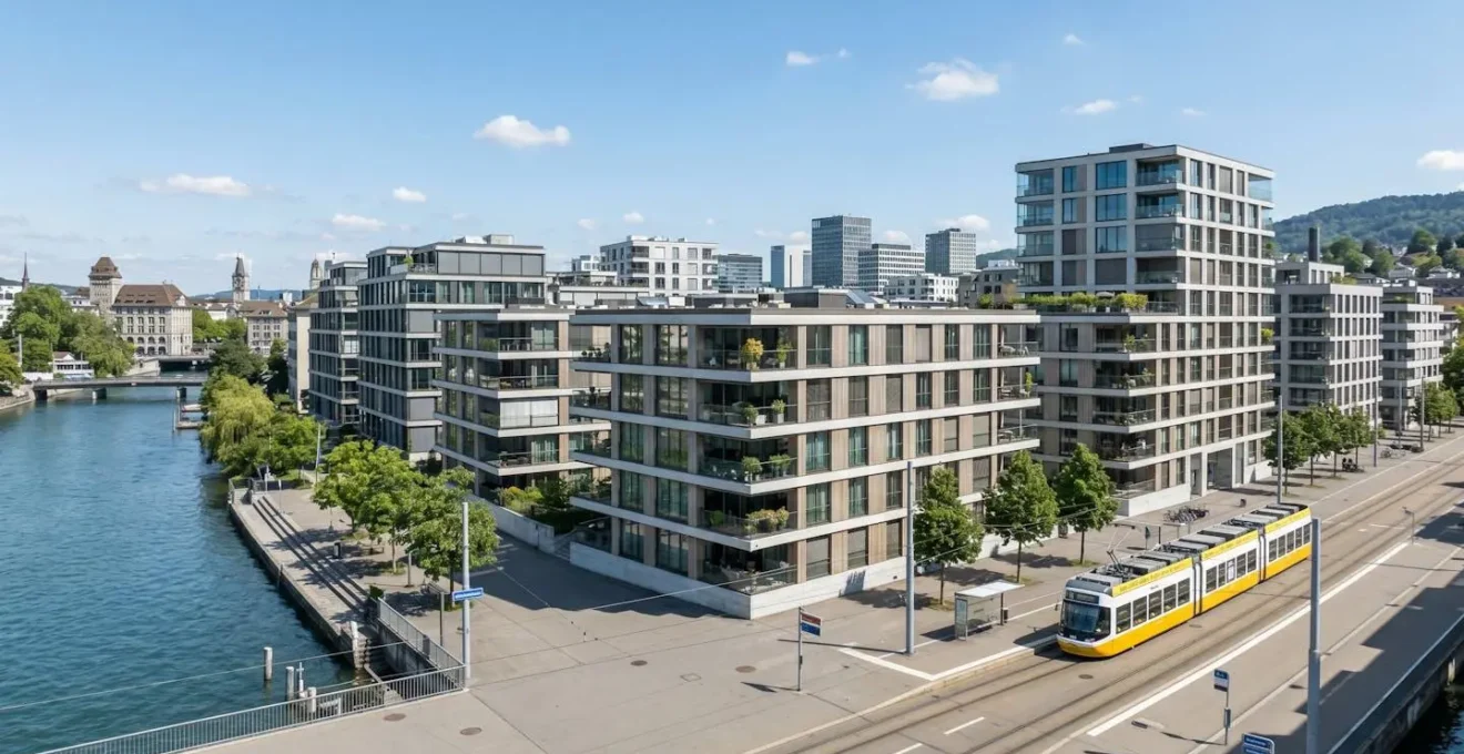 Weitwinkelaufnahme der modernen Zürcher Stadtlandschaft mit Wohngebäuden bei hellem Tageslicht