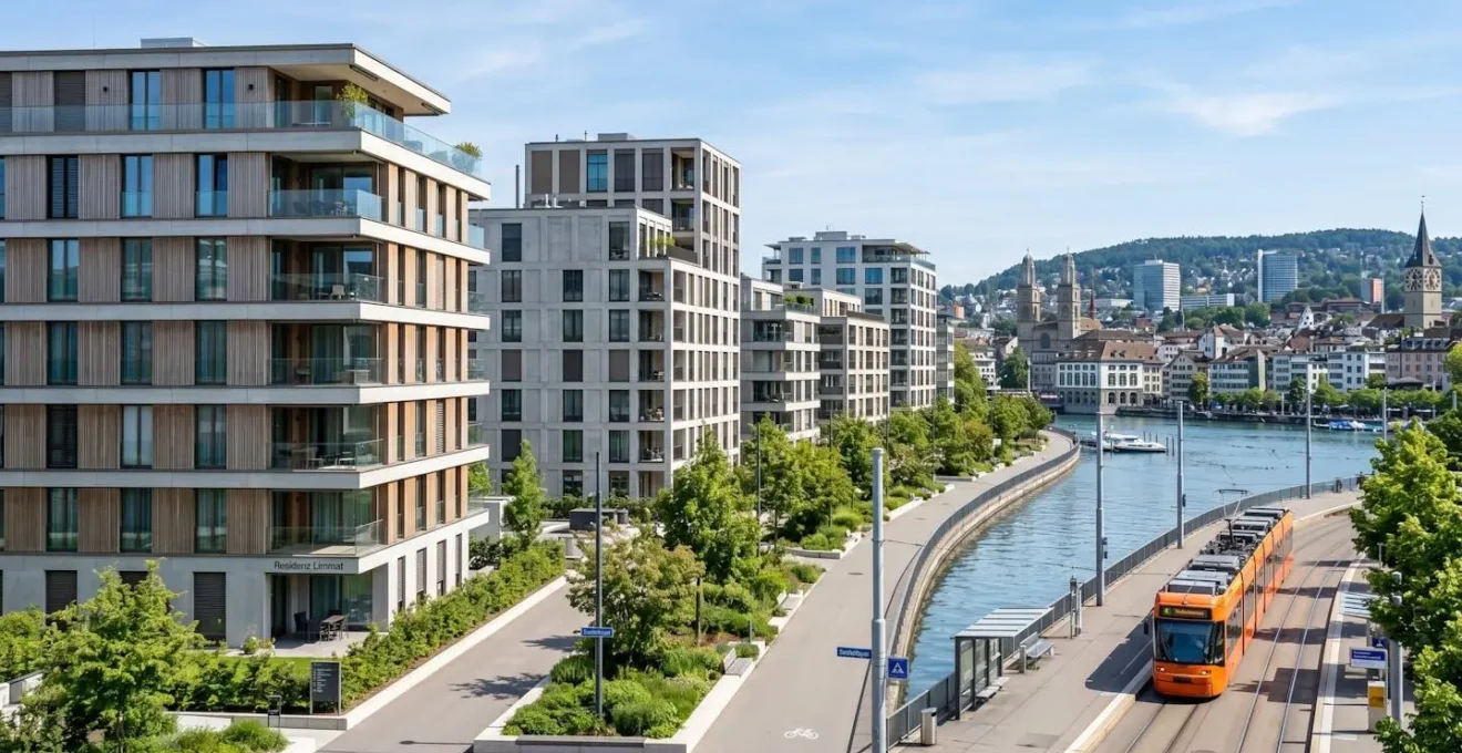 Weitwinkelaufnahme der modernen Zürcher Stadtlandschaft mit Wohngebäuden bei hellem Tageslicht